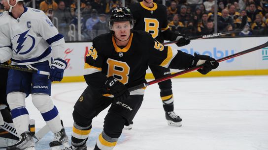 Pressed into service on Boston’s shorthanded D corps, Jack Ahcan sure looked part as effective NHLer against Bolts  taken at BSJ Headquarters (Bruins)