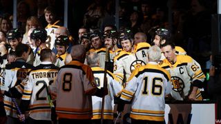 NHL Notebook: Bruins legends feel B's are in good hands with Marchand, McAvoy, Poitras taken at BSJ Headquarters (Bruins). Photo by (Fred Kfoury III/Icon Sportswire via Getty Images)