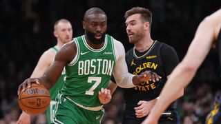 Simone's Six: Jaylen Brown's patience, Jayson Tatum's rhythm, and reacting to defense in Celtics-Warriors taken at TD Garden (Celtics). Photo by © David Butler II
