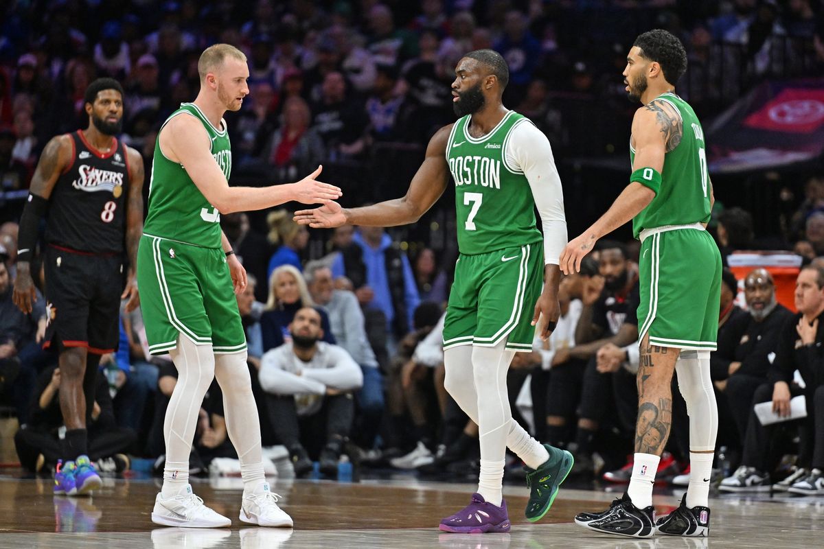 Sam Hauser, Jaylen Brown, and Jayson Tatum