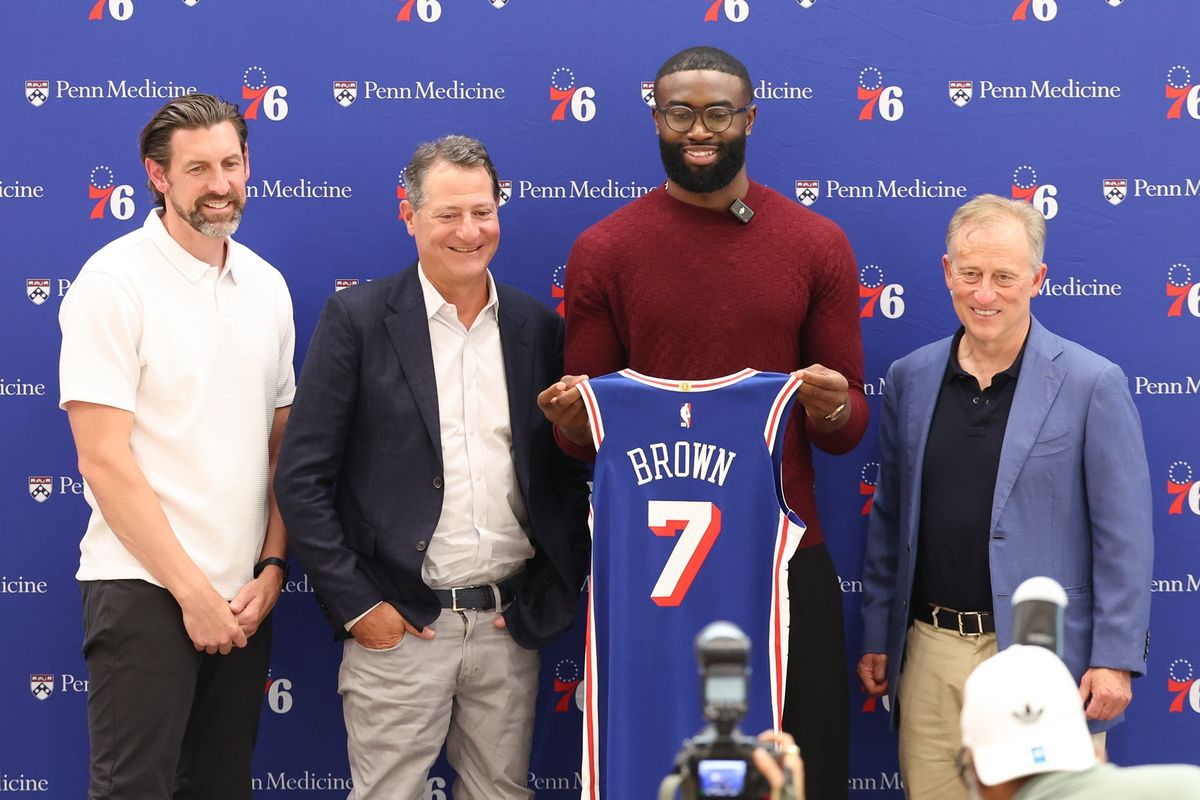 Mike Gansey, David Blitzer, Jaylen Brown, and Josh Harris (left to right) Mike Gansey, David Blitzer, Jaylen Brown, and Josh Harris (left to right)