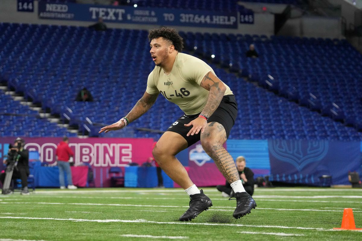 Boston Col offensive lineman Christian Mahogany (OL46) during the 2024 NFL Scouting Combine at Lucas Oil Stadium. Boston Col offensive lineman Christian Mahogany (OL46) during the 2024 NFL Scouting Combine at Lucas Oil Stadium.