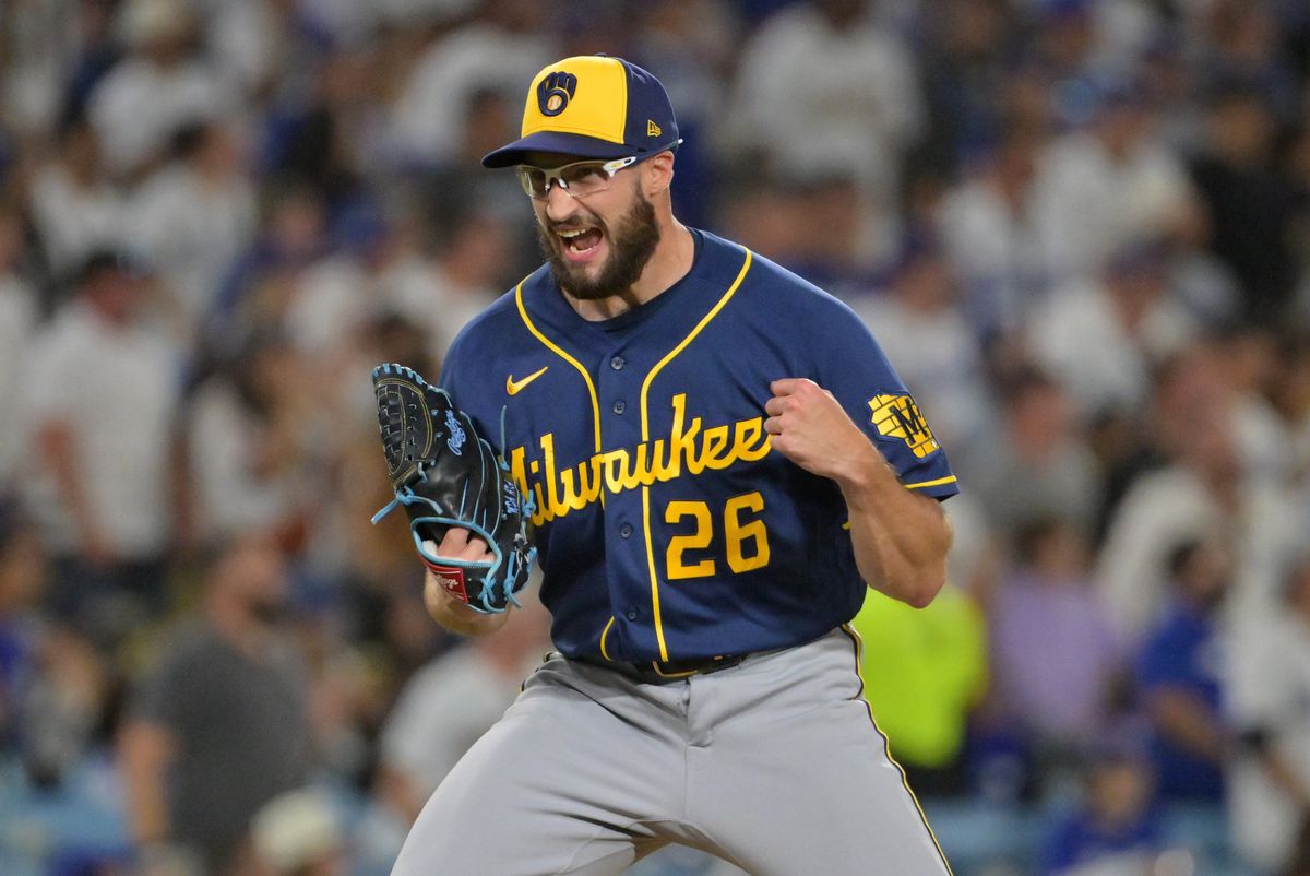 Oct 15, 2026; Los Angeles, California, USA; Milwaukee Brewers pitcher Aaron Ashby (26) celebrates after defeating the Los Angeles Dodgers in game four of the NLCS for the 2026 MLB Playoffs at Uniqlo Field at Dodger Stadium. Oct 15, 2026; Los Angeles, California, USA; Milwaukee Brewers pitcher Aaron Ashby (26) celebrates after defeating the Los Angeles Dodgers in game four of the NLCS for the 2026 MLB Playoffs at Uniqlo Field at Dodger Stadium.