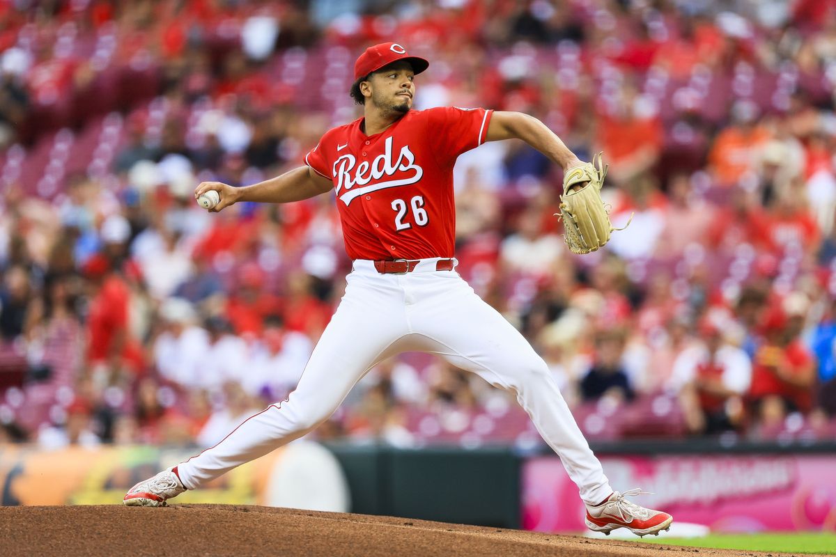 Jul 8, 2026; Cincinnati, Ohio, USA; Cincinnati Reds starting pitcher Chase Burns (26) pitches against the Philadelphia Phillies in the first inning at Great American Ball Park. 