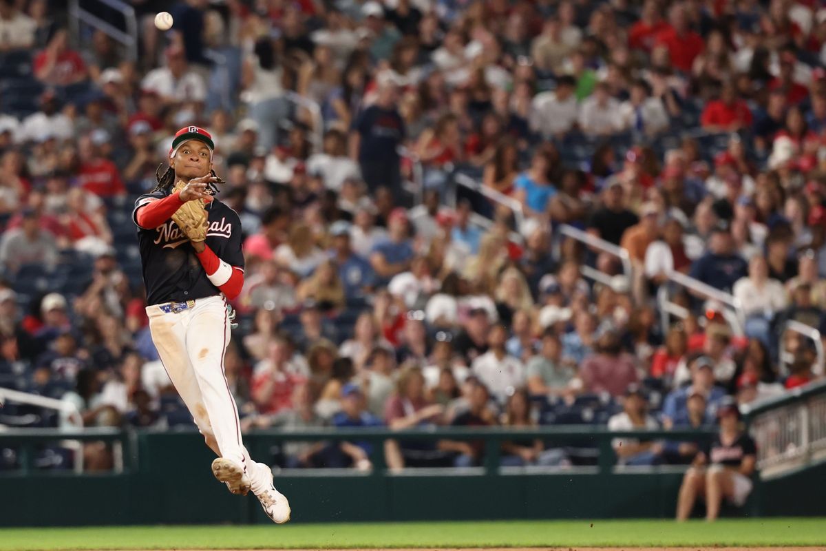 Jul 24, 2026; Washington, District of Columbia, USA; Washington Nationals shortstop CJ Abrams (5) makes a throw to first base on a ground ball by Arizona Diamondbacks catcher Gabriel Moreno (not pictured) during the eighth inning at Nationals Park. Jul 24, 2026; Washington, District of Columbia, USA; Washington Nationals shortstop CJ Abrams (5) makes a throw to first base on a ground ball by Arizona Diamondbacks catcher Gabriel Moreno (not pictured) during the eighth inning at Nationals Park.