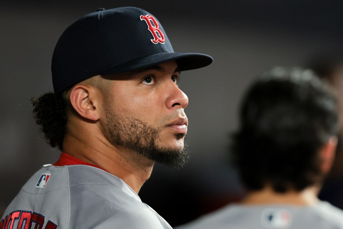 Aug 26, 2026; Miami, Florida, USA; Boston Red Sox first baseman Willson Contreras (40) looks on from inside the dugout against the Miami Marlins during the third inning at loanDepot Park. Aug 26, 2026; Miami, Florida, USA; Boston Red Sox first baseman Willson Contreras (40) looks on from inside the dugout against the Miami Marlins during the third inning at loanDepot Park.