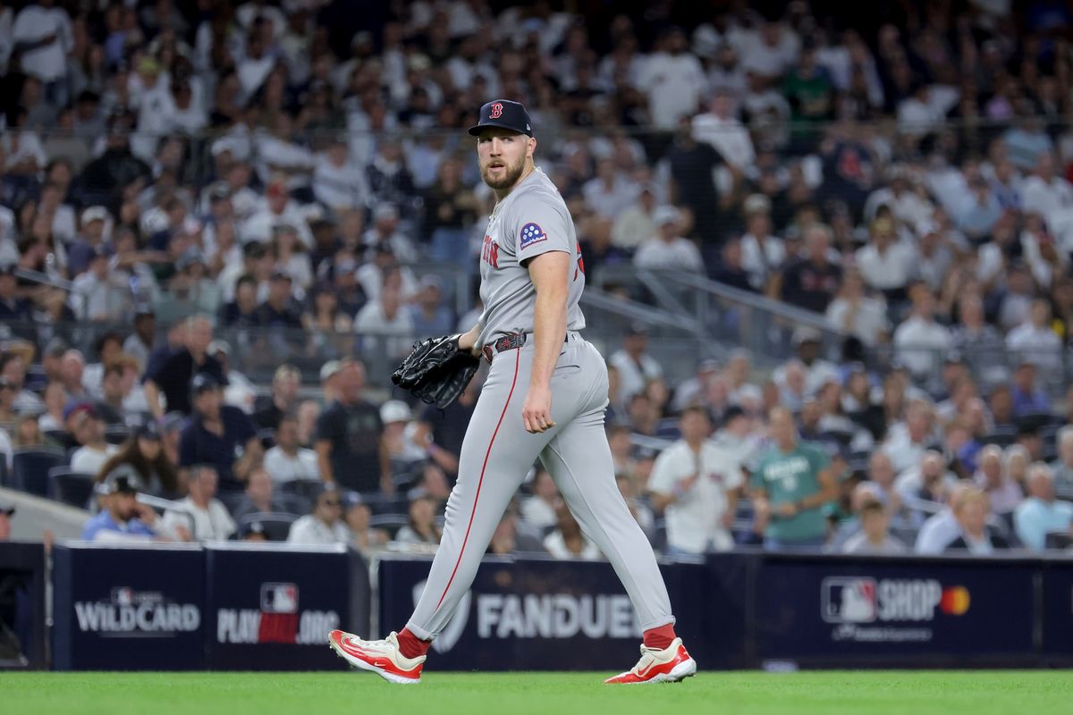Sep 30, 2025; Bronx, New York, USA; Boston Red Sox starting pitcher Garrett Crochet (35) reacts during the seventh inning of game one of the Wildcard round of the 2025 MLB playoffs against the New York Yankees at Yankee Stadium. 