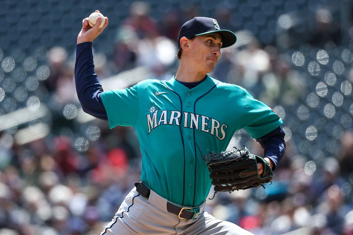  Apr 29, 2026; Minneapolis, Minnesota, USA; Seattle Mariners starting pitcher George Kirby (68) delivers a pitch against the Minnesota Twins during the first inning at Target Field. 