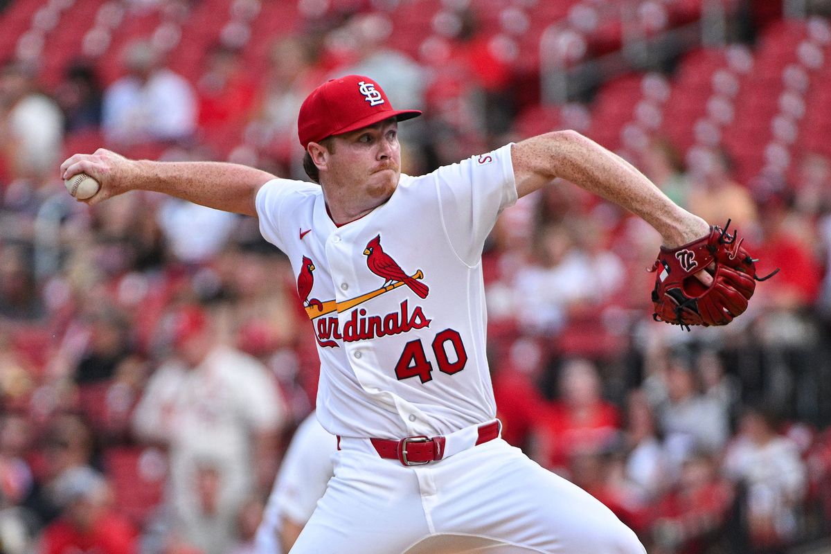 Aug 10, 2026; St. Louis, Missouri, USA; St. Louis Cardinals starting pitcher Hunter Dobbins (40) throws against the Philadelphia Phillies during the first inning at Busch Stadium. Aug 10, 2026; St. Louis, Missouri, USA; St. Louis Cardinals starting pitcher Hunter Dobbins (40) throws against the Philadelphia Phillies during the first inning at Busch Stadium.