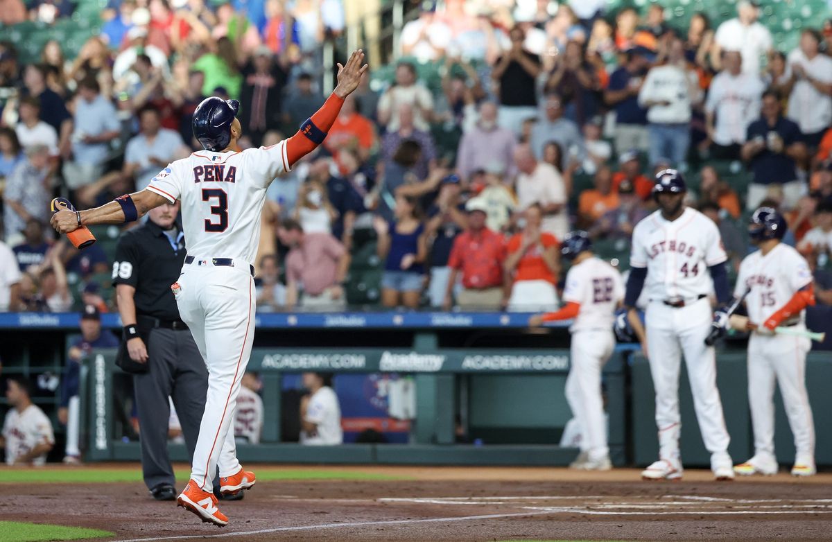 Jul 21, 2026; Houston, Texas, USA; Houston Astros shortstop Jeremy Pena (3) reacts to his home run against the Miami Marlins in the first inning inning at Daikin Park.
