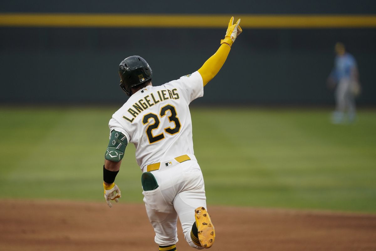 Jun 8, 2026; Summerlin, Nevada, USA; Athletics catcher Shea Langeliers (23) celebrates after hitting a solo home run during the first inning against the Milwaukee Brewers at the Las Vegas Ballpark. 