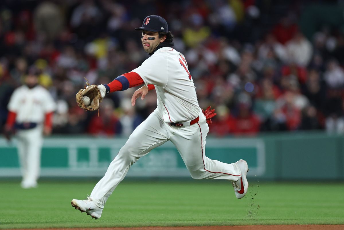 Apr 6, 2026; Boston, Massachusetts, USA; Boston Red Sox shortstop Marcelo Mayer (11) fields a ground ball during the fourth inning against the Milwaukee Brewers at Fenway Park. 