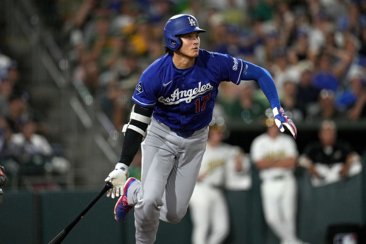 Jun 29, 2026; West Sacramento, California, USA; Los Angeles Dodgers designated hitter Shohei Ohtani (17) hits a single against the Athletics in the eighth inning at Sutter Health Park. Jun 29, 2026; West Sacramento, California, USA; Los Angeles Dodgers designated hitter Shohei Ohtani (17) hits a single against the Athletics in the eighth inning at Sutter Health Park.