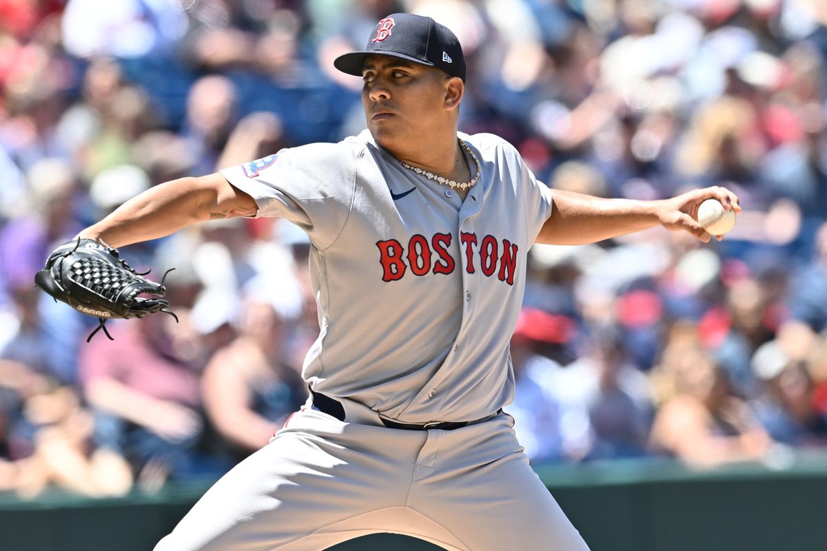 May 31, 2026; Cleveland, Ohio, USA; Boston Red Sox starting pitcher Ranger Suarez (55) throws a pitch during the first inning against the Cleveland Guardians at Progressive Field. 