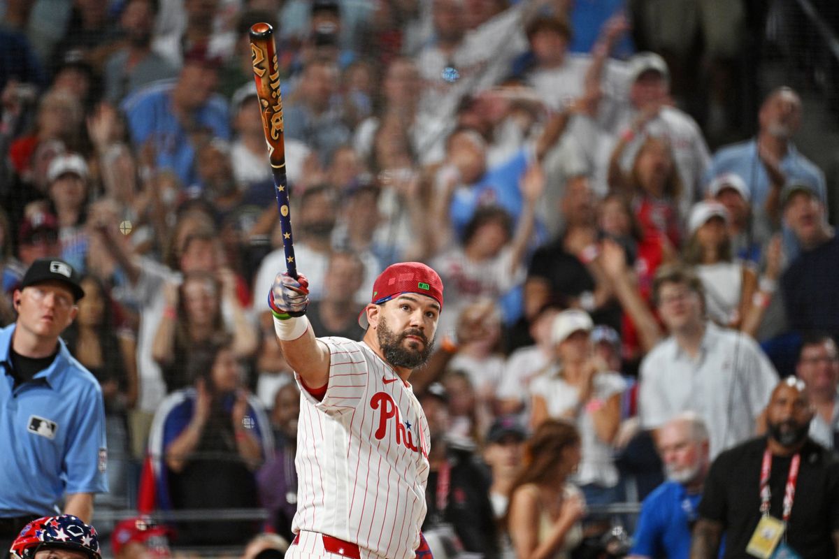 Jul 13, 2026; Philadelphia, PA, USA; Philadelphia Phillies designated hitter Kyle Schwarber (12) makes a play at bat during the home run derby at Citizens Bank Park. 