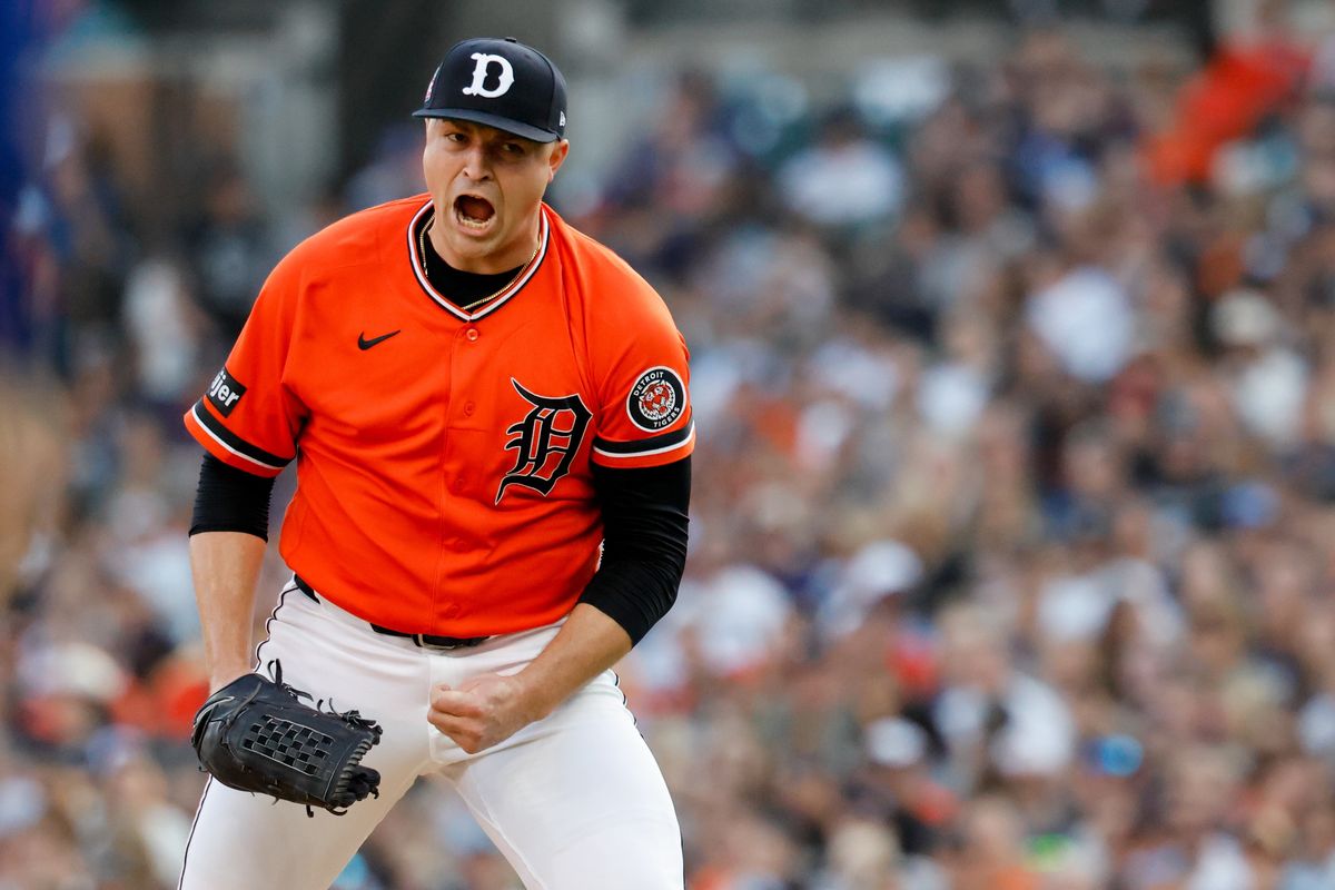 Jul 24, 2026; Detroit, Michigan, USA; Detroit Tigers pitcher Tarik Skubal (29) celebrates after the third inning against the Kansas City Royals at Comerica Park.