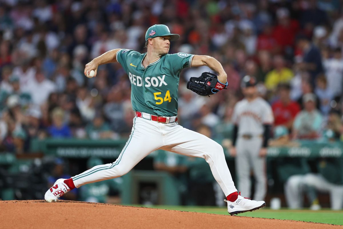 Aug 21, 2026; Boston, Massachusetts, USA; Boston Red Sox starting pitcher Sonny Gray (54) delivers a pitch during the second inning against the San Francisco Giants at Fenway Park. 