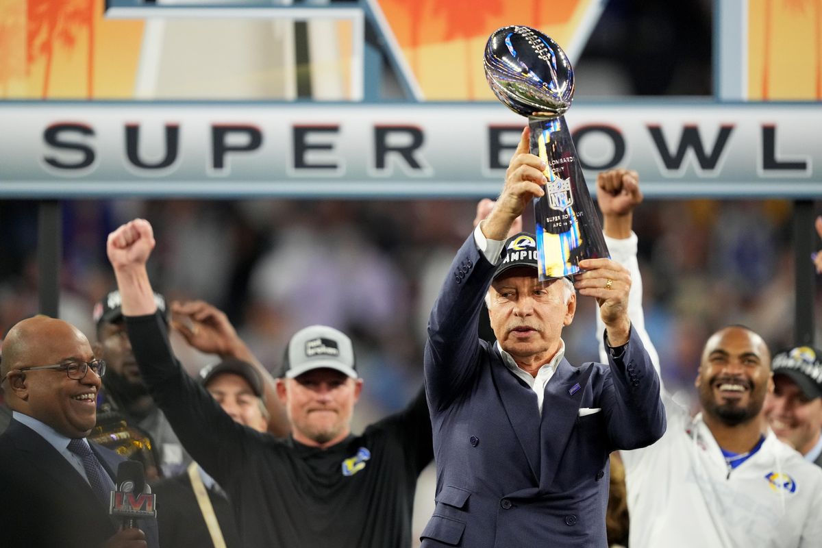 Los Angeles Rams owner Stan Kroenke raises the Lombardi Trophy at the conclusion of Super Bowl LVI between the Los Angeles Rams and the Cincinnati Bengals, Sunday, Feb. 13, 2022, at SoFi Stadium in Inglewood, Calif. The Los Angeles Angels have been sold to Rams owner Stan Kroenke, adding to the Walmart heir's burgeoning and increasingly successful sports portfolio. Los Angeles Rams owner Stan Kroenke raises the Lombardi Trophy at the conclusion of Super Bowl LVI between the Los Angeles Rams and the Cincinnati Bengals, Sunday, Feb. 13, 2022, at SoFi Stadium in Inglewood, Calif. The Los Angeles Angels have been sold to Rams owner Stan Kroenke, adding to the Walmart heir's burgeoning and increasingly successful sports portfolio.