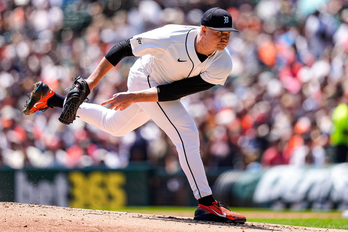 Detroit Tigers pitcher Tarik Skubal throws a pitch against the Philadelphia Phillies during the first inning at Comerica Park in Detroit on Sunday, July 12, 2026.