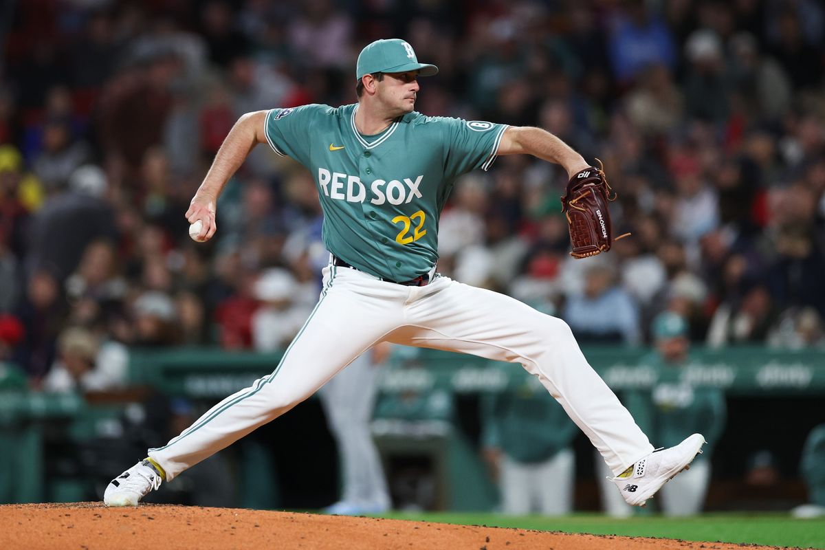 May 8, 2026; Boston, Massachusetts, USA; Boston Red Sox relief pitcher Garrett Whitlock (22) delivers a pitch during the eighth inning against the Tampa Bay Rays at Fenway Park. 