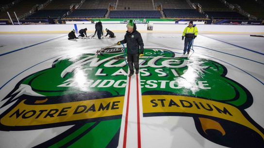 With Monday’s outdoor practice canceled due to rain, Bruins dreading ‘a lot more hiccups’ on Notre Dame Stadium’s ice taken at Notre Dame Stadium (Bruins)
