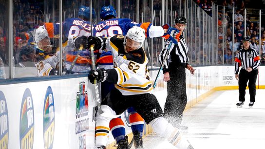With 3 starting defensemen sidelined, how did Bruins put together best defensive effort of season? taken at Nassau Veterans Memorial Coliseum (Bruins)