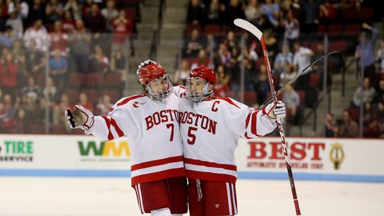 Why a couple Mondays in February have now become appointment viewing for Charlie McAvoy & Matt Grzelcyk taken at Warrior Ice Arena (Bruins)