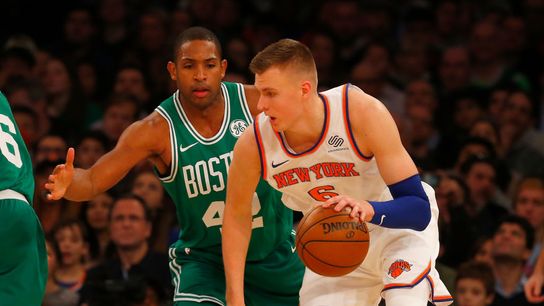 How does Kristaps Porzingis trade impact Anthony Davis chase, Kyrie's future and the Celtics? taken at BSJ Headquarters (Celtics)