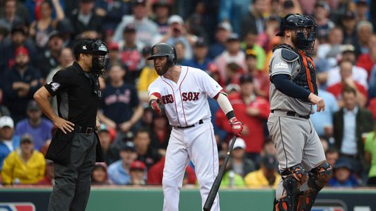 Pedroia avoids ejection, but knee remains a question mark; Devers goes deep again taken at Fenway Park (2017 AL Division Series)