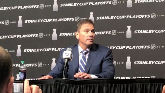 Video: Bruce Cassidy - 'From my viewpoint, it certainly looked like goaltender interference' taken at TD Garden (2019 Stanley Cup Playoffs)