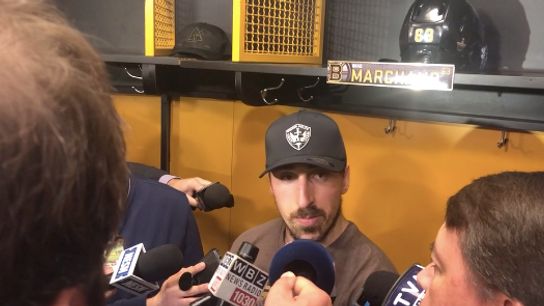 Video: Brad Marchand on incident with Justin Williams: ‘I think he was a little frustrated’ taken at TD Garden (2019 Stanley Cup Playoffs)