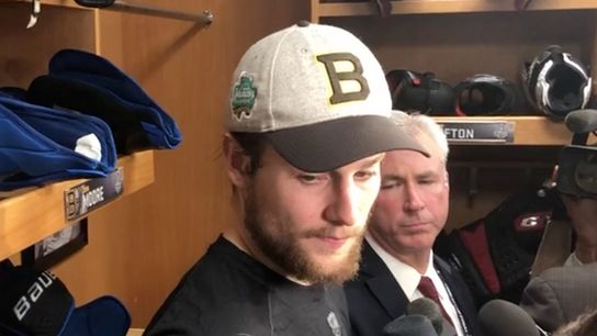 Video: Brandon Carlo - 'Two games with five D hasn't been easy but ... we've got to pick up the slack' taken at Enterprise Center (2019 Stanley Cup Playoffs)
