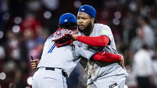 Red Sox sink to 0-31 when trailing by multiple runs in 3-0 loss to Blue Jays taken at BSJ Headquarters . Photo by Jun 17, 2026; Boston, Massachusetts, USA; Toronto Blue Jays third baseman Kazuma Okamoto (7) and first baseman Vladimir Guerrero Jr. (27) embrace after their ninth inning win over the Boston Red Sox at Fenway Park.
