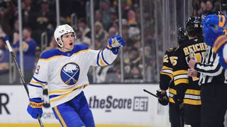 Final: Sabres 6, Bruins 1 - Buffalo scores four goals in first period, go up 3-1 in series taken at BSJ Headquarters (Top Bruins). Photo by (© Bob DeChiara-Imagn Images)